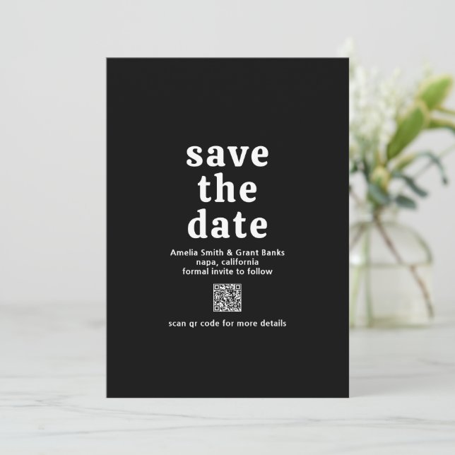 Reserva La Fecha Código QR Negro Fuente Retro Boda Moderna (Anverso de pie)