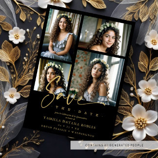 Reserva La Fecha Colage de 4 Fotos de Quinceañera Negro de Moda Esp