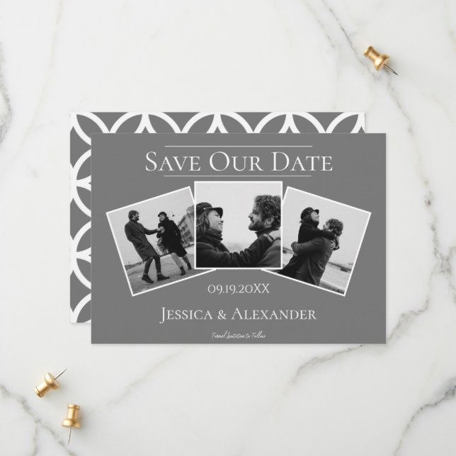 Reserva La Fecha Colaje de 3 Fotos Simple | Gray Save The Date (Anverso/Reverso In Situ)