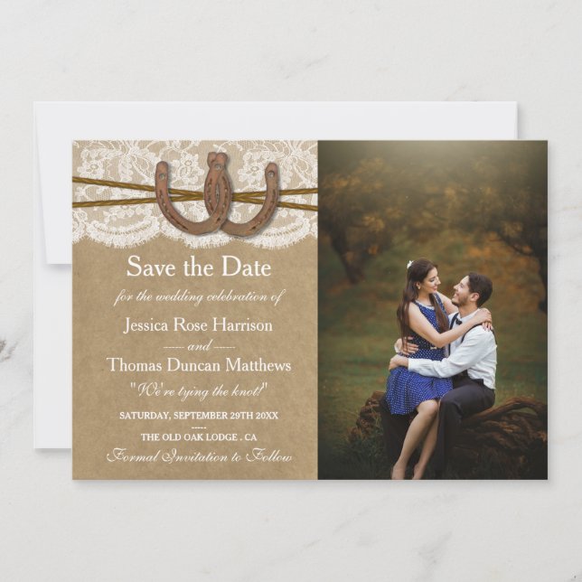 Reserva La Fecha Colección de Bodas Kraft, Lace & Horseshoe (Anverso)