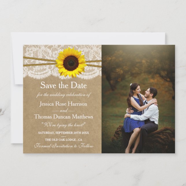 Reserva La Fecha Colección de Bodas Kraft, Lace & Sunflower (Anverso)