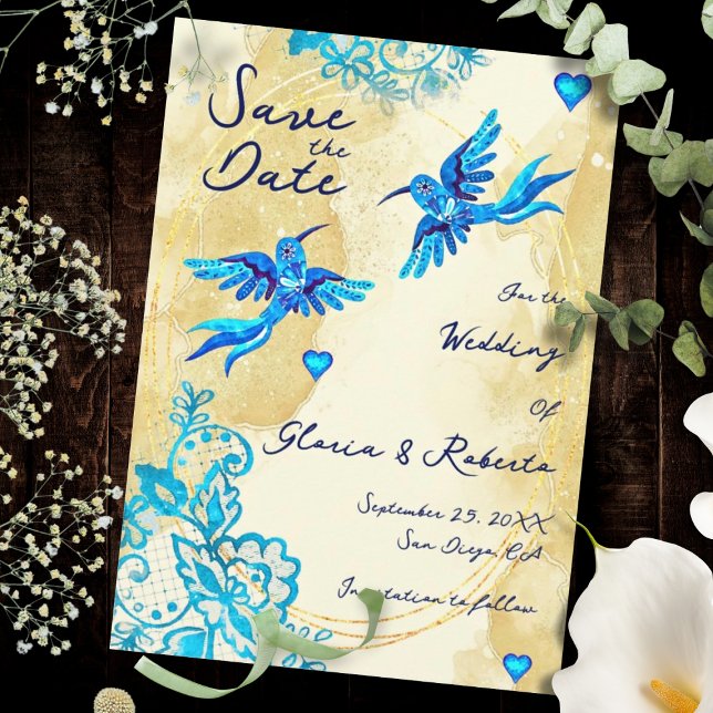 Reserva La Fecha Colibrí Barroco Elegancia Dorada Boda Mexicana (Mexican artistry shines in turquoise lace, gold textures, and luminous blue heart details.)