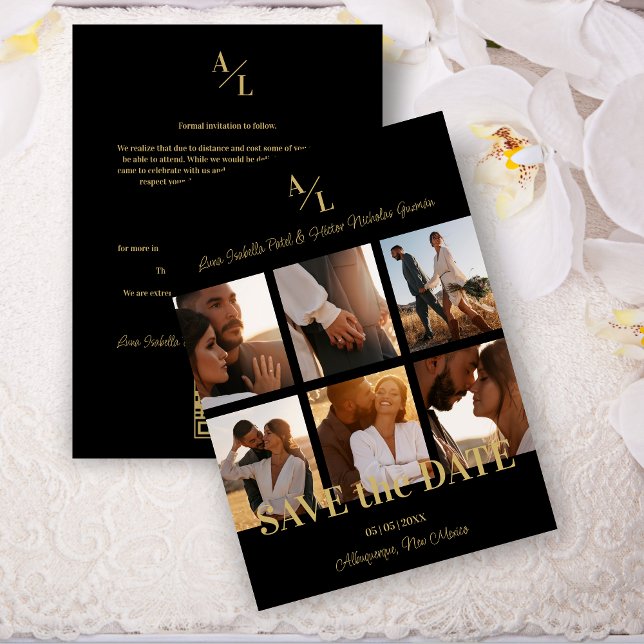 Reserva La Fecha Collage de fotografías múltiples Black & Gold Simp (Black & Fake Gold Simple Classic 6 Multi Photos Collage Save the Date Card with Envelope. )