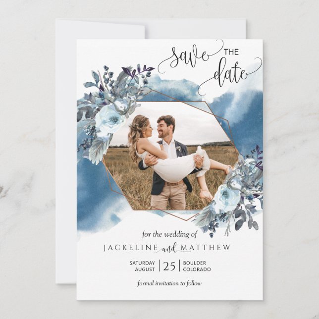 Reserva La Fecha Collage de fotos, acuarela geométrica azul (Anverso)