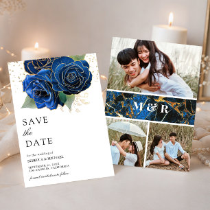 Reserva La Fecha Collage de Fotos de Boda Floral Azul Real