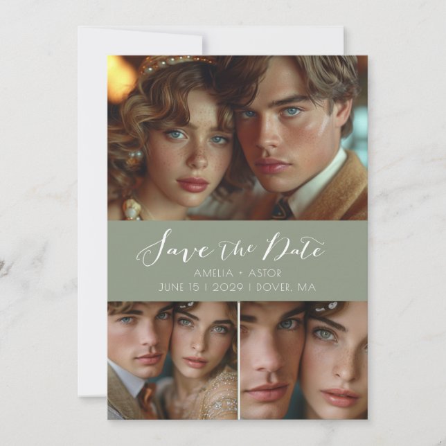 Reserva La Fecha Collage de fotos de guión moderno Sage Green (Anverso)