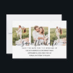 Reserva La Fecha Collage de Fotos de Pareja con Tipografía Simple y<br><div class="desc">Esta elegante y sencilla tarjeta de aviso de boda es perfecta para la pareja romántica. Cuenta con delicada tipografía de letra manuscrita negra sobre un collage de fotos (6 fotos en total) sobre un simple fondo blanco. En el reverso hay una dulce cita, "Por siempre y siempre, desde este día...</div>