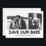 Reserva La Fecha Collage de fotos de tipografía escandinava negra<br><div class="desc">Collage de fotos de tipografía escandinava en blanco y negro Guardar tarjeta de fecha | Anunciar la fecha de su boda a la familia y amigos con esta foto de personalizable guardar la tarjeta de fecha. Presenta una tipografía escandinava negra y un patrón de rayas. Personalizado al presentar dos de...</div>