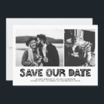 Reserva La Fecha Collage de fotos de tipografía escandinava negra<br><div class="desc">Collage de fotos de tipografía escandinava en blanco y negro Guardar tarjeta de fecha | Anunciar la fecha de su boda a la familia y amigos con esta foto de personalizable guardar la tarjeta de fecha. Presenta una tipografía escandinava negra y un patrón de rayas. Personalizado al presentar dos de...</div>
