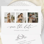 Reserva La Fecha Collage de fotos Elegante Minimalista Monograma Bo<br><div class="desc">Comparte la fecha de tu boda con esta elegante foto de tres fotos guarda la tarjeta de fecha. Fácil de rellenar la plantilla y pedir sus impresiones! Diseño blanco y negro. Volver con un delicado monograma dibujado a mano con iniciales de parejas y área para cualquier detalle que le guste....</div>