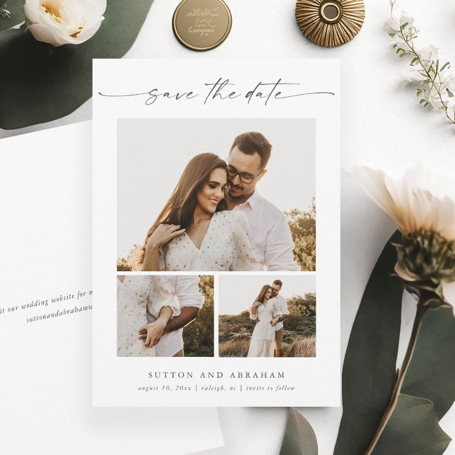 Reserva La Fecha Collage de fotos Moderno y Elegante Script 3 (Am elegant minimalist 3 photo wedding save the date with modern handwritten script typography.)