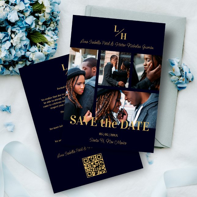 Reserva La Fecha Collage Navy & Gold Simple Classic 4 multifotos (Navy Blue & Fake Gold Simple Classic 4 Multi Photos Collage Save the Date Card with Envelope. )