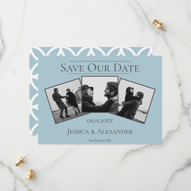 Reserva La Fecha Collage Simple de 3 Fotos | Blue Save The Date (Anverso/Reverso In Situ)