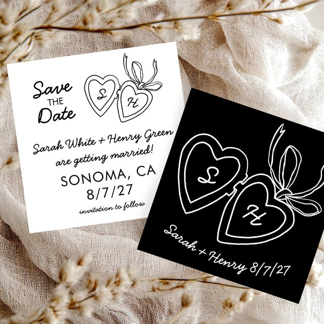 Reserva La Fecha Collar de Corazón Caprichoso Boceto Doodle Moderno (Whimsical Heart Locket Doodle Sketch Modern CUSTOM Save The Date Black White Chic Card
)