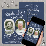 Reserva La Fecha Colores de bricolaje ・ Mira quién es la fiesta de<br><div class="desc">¡Mira quién cumple 90 años! Invitar a la familia y amigos a una próxima celebración de cumpleaños número 90 con elegante foto de personalizado, guardar las invitaciones de la fiesta. Las imágenes y la redacción de esta plantilla son fáciles de personalizar. Los colores azul marino y blanco para el fondo,...</div>