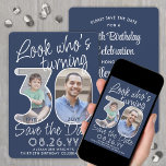 Reserva La Fecha Colores de bricolaje ・ Ver quién es la foto de la<br><div class="desc">¡Mira quién cumple 30 años! Invitar a la familia y amigos a una próxima celebración de cumpleaños número 30 con una elegante foto de un personalizado, guardar las invitaciones de la fiesta. Las imágenes y la redacción de esta plantilla son fáciles de personalizar. Los colores azul marino y blanco para...</div>