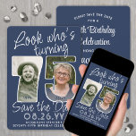 Reserva La Fecha Colores DIY ・ Ver Quién es el 75 cumpleaños 2 Foto<br><div class="desc">¡Mira quién cumple 75 años! Invitar a la familia y amigos a una próxima celebración de cumpleaños número 75 con elegante foto de un personalizado, guardar las invitaciones de la fiesta. Las imágenes y la redacción de esta plantilla son fáciles de personalizar. Los colores azul marino y blanco para el...</div>