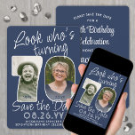 Reserva La Fecha Colores DIY ・ Ver Quién es la fiesta de cumpleaños<br><div class="desc">¡Mira quién cumple 70 años! Invitar a la familia y amigos a una próxima celebración de cumpleaños número 70 con elegante foto de un personalizado, guardar las invitaciones de la fiesta. Las imágenes y la redacción de esta plantilla son fáciles de personalizar. Los colores azul marino y blanco para el...</div>