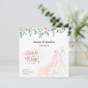 Reserva La Fecha Colores suaves Novia floral y Ilustracion Groom