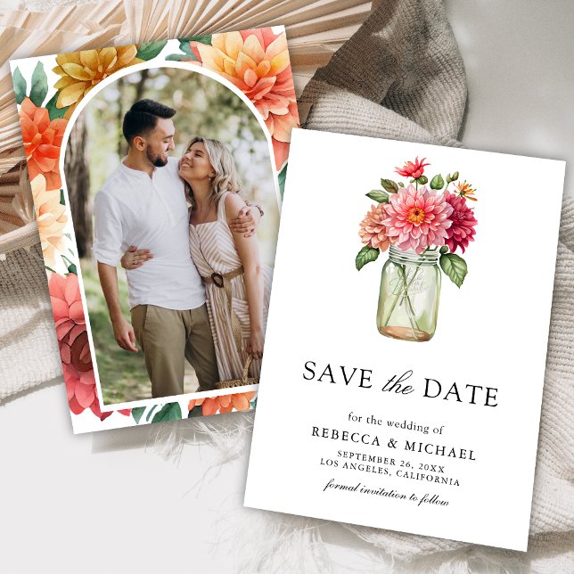 Reserva La Fecha Colorida Dahlia Mason Jar Foto Boda (Subido por el creador)