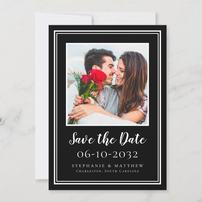 Reserva La Fecha Compromiso de Boda Foto Pareja Moderno Blanco Negr (Anverso)