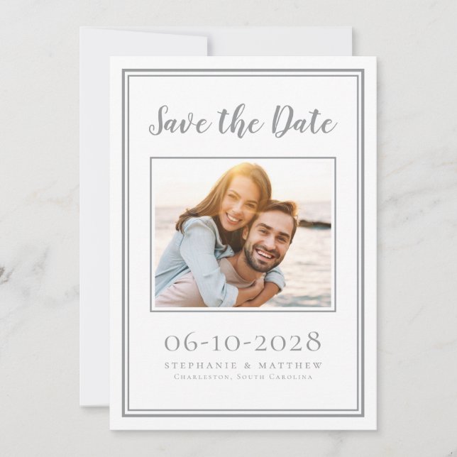Reserva La Fecha Compromiso Fotográfico Boda Simple Gris Blanco (Anverso)