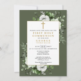 Reserva La Fecha Comunión Verde Oliva Boho Floral Primera