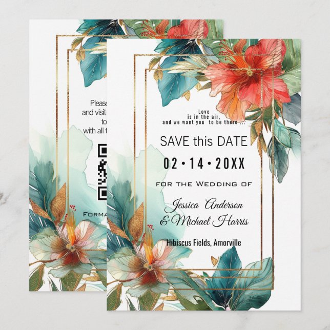 Reserva La Fecha Con código QR Hibiscus Serenade Paradise (Anverso / Reverso)