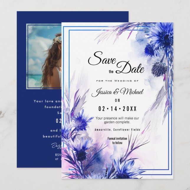 Reserva La Fecha Con foto, azul 💙 Cornflower Reverie (Anverso / Reverso)