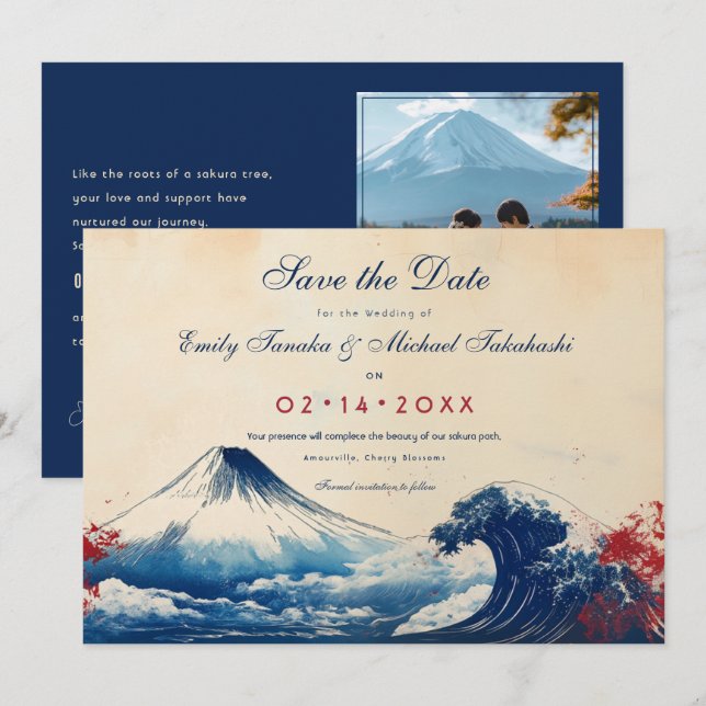 Reserva La Fecha Con foto de la armonía japonesa con Fuji (Anverso / Reverso)