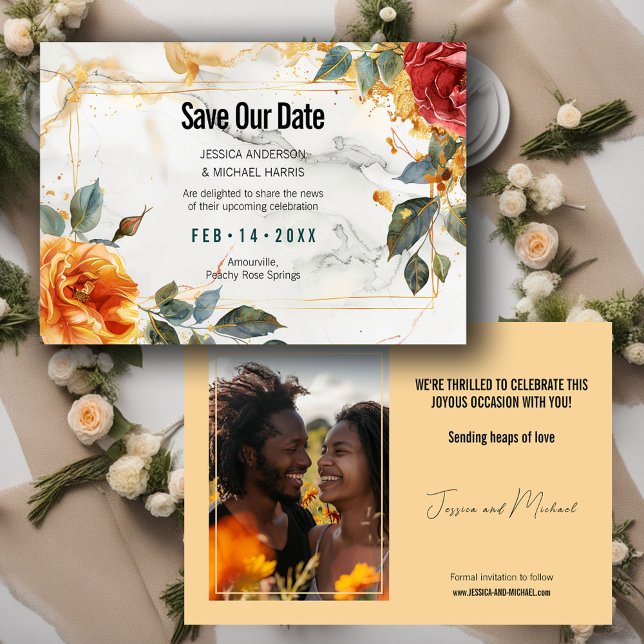 Reserva La Fecha con foto de Marble Dreams: Rosa  Naranja Elegance (With photo Marble Dreams: Orange Rose Elegance Save The Date)