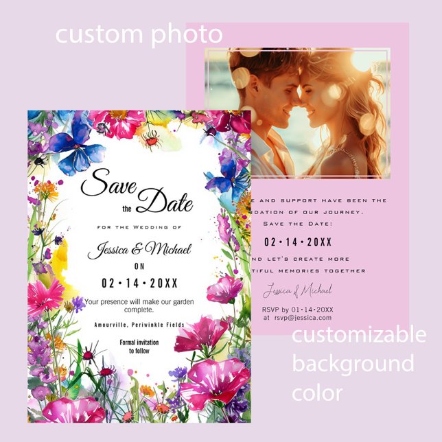 Reserva La Fecha Con foto, el prado rosado florece ("Meadow Blooms," a captivating collection of wedding stationery. Save the Date card with photo)