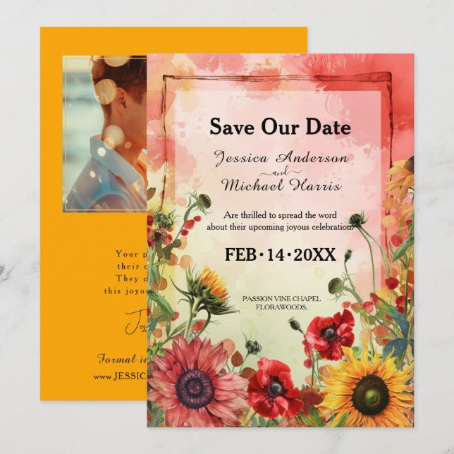 Reserva La Fecha 🌻 con foto Petales soleados y florecimiento de es (Anverso / Reverso)