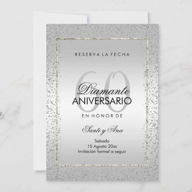 Reserva La Fecha Confeti Plateado Elegante 60 Boda (Anverso)