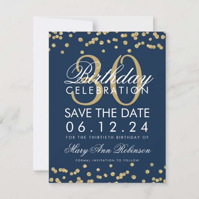 Reserva La Fecha Confetti de cumpleaños 30 con la fecha de salvació (Anverso)