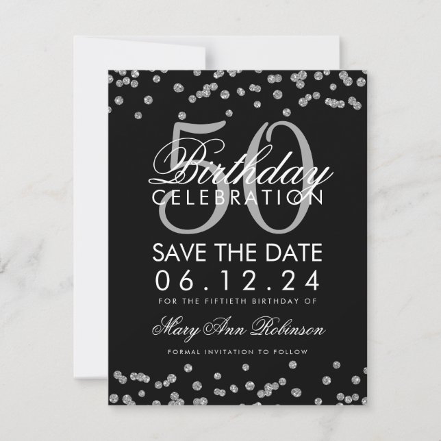 Reserva La Fecha Confetti de la fecha de salvación de cumpleaños 50 (Anverso)
