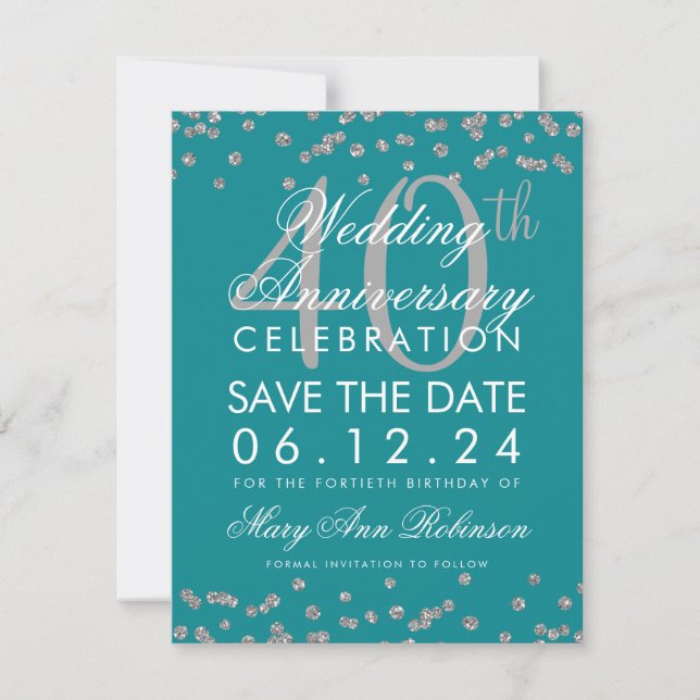 Reserva La Fecha Confetti del 40° aniversario del Boda Verde azulad (Anverso)