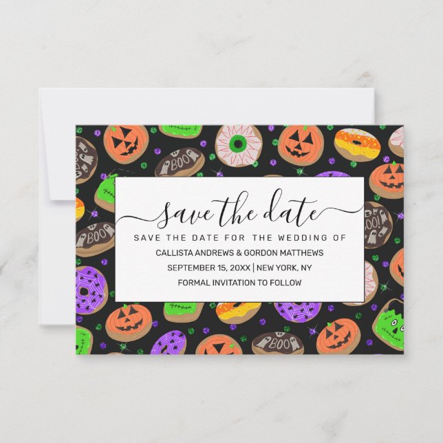 Reserva La Fecha Confetti, Purpurina de Guay, cute donuts Halloween (Anverso)