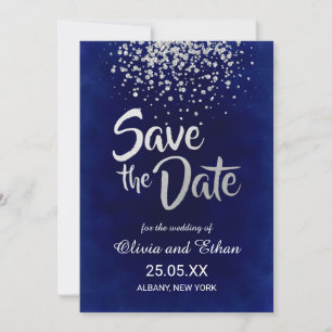 Reserva La Fecha Confetti real moderno azul y plata