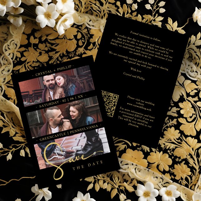 Reserva La Fecha Cool Black Golden Romantic Wedding 3 Multi Photos (Cool Black Faux Golden Romantic Wedding 3 Multi Photos Save the Date Card.)