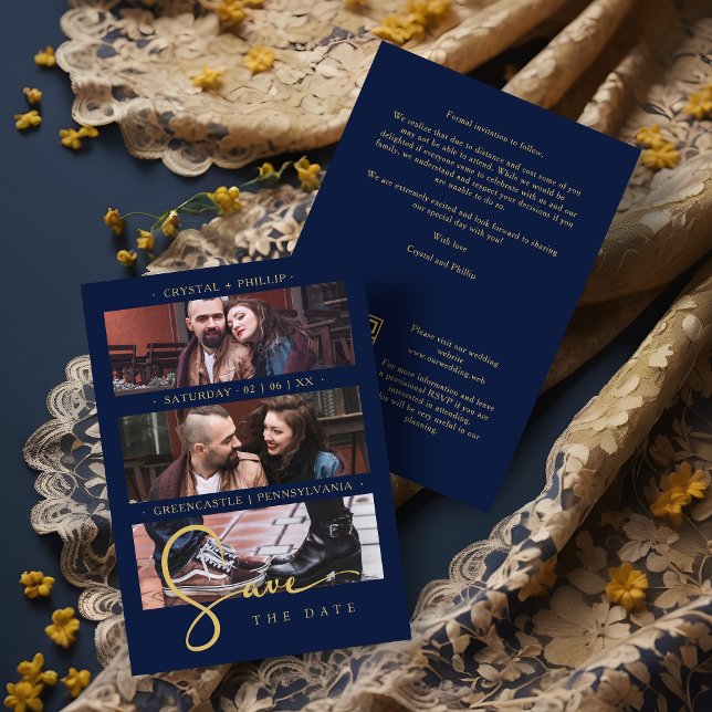 Reserva La Fecha Cool Navy Golden Romantic Wedding 3 Multi Photos (Cool Navy Blue Faux Golden Romantic Wedding Save the Date Card.)