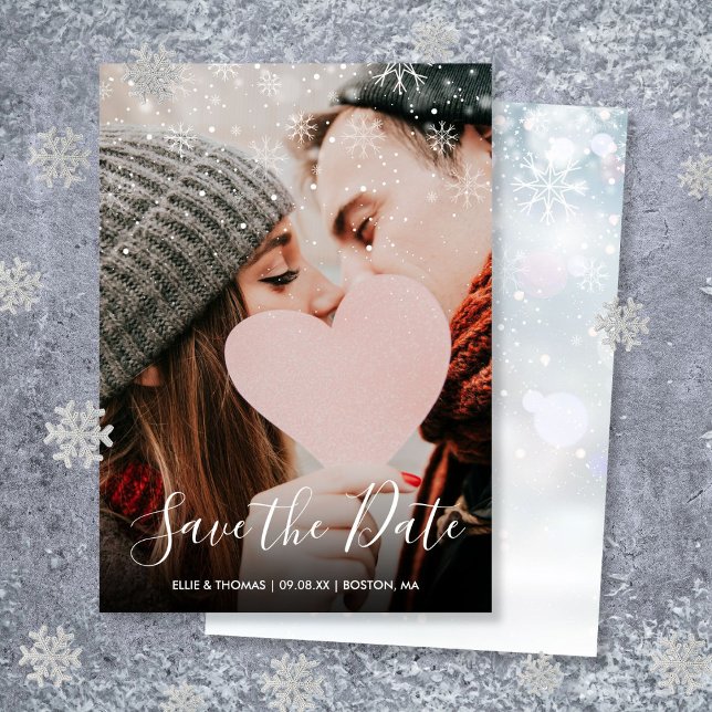 Reserva La Fecha Copos de nieve de invierno elegante foto manuscrit (Winter Snowflakes Elegant Script Photo Save The Date)