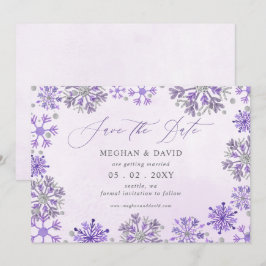 Reserva La Fecha Copos de nieve plata morado Navidad invierno Boda