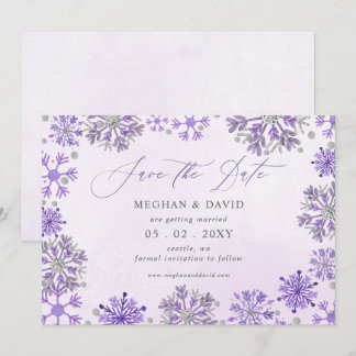 Reserva La Fecha Copos de nieve plata morado Navidad invierno Boda