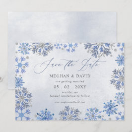 Reserva La Fecha Copos de nieve Plateado Azul Navidad Invierno Boda