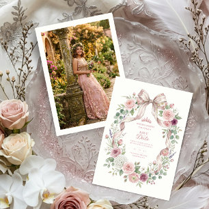 Reserva La Fecha Coquette Floral Bow Quinceañera Back Photo