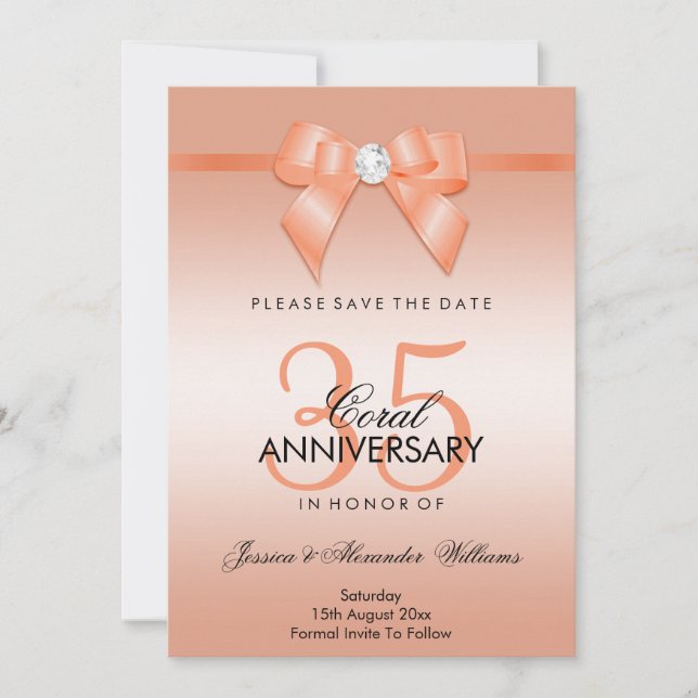 Reserva La Fecha Coral Bow & Ribbon 35° Aniversario Boda (Anverso)