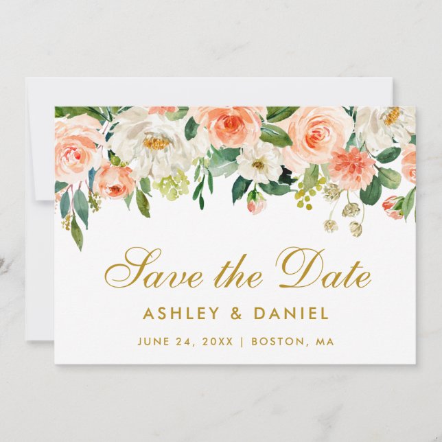 Reserva La Fecha Coral Floral Gold Save the Date Card (Anverso)