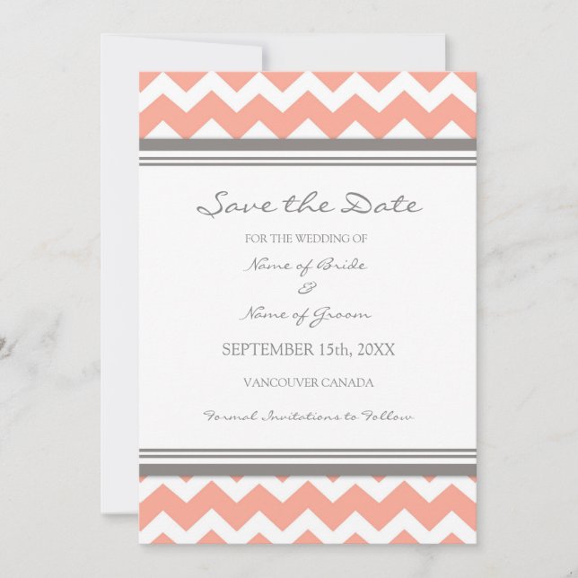 Reserva La Fecha Coral Gray Chevron Photo Wedding Save the Date (Anverso)