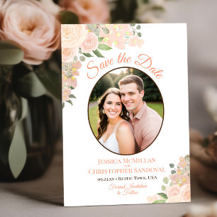 Reserva La Fecha Coral Melocotón Acuarela Floral Oval Foto Boda